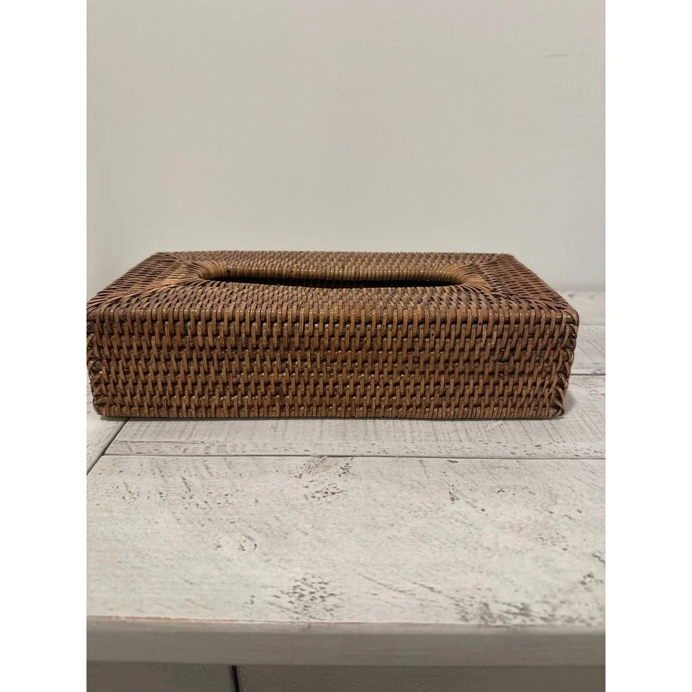 Handwoven Rattan Tissue Box Cover Rectangular Wicker Holder Brown Boho Decor